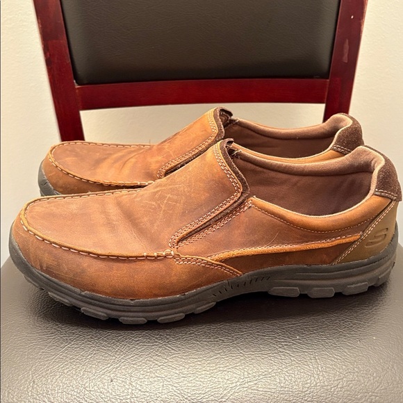 Skechers Other - Skechers Men's Tan Leather Slip-On Loafers Size 12 Memory Foam